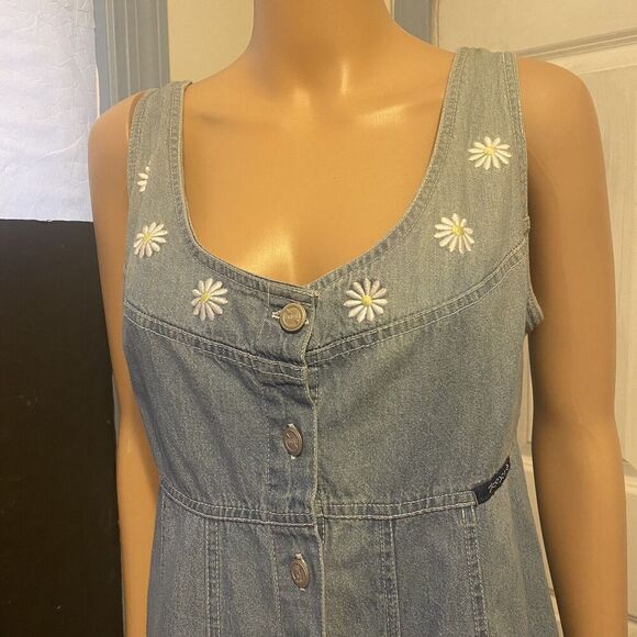 Vintage No Excuses Denim Embroidered Midi Dress Sz M Cottagecore Boho Grunge - Picture 7 of 12